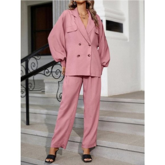 pink Lapel Neck Bishop Sleeve button Shirt & Pants set  Coord Set - Picture 11 of 12
